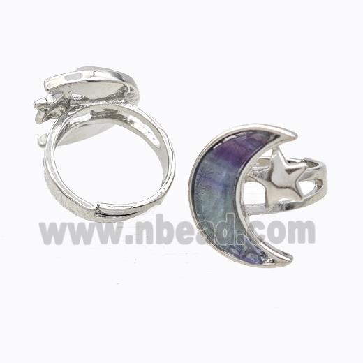 Copper Moon Rings Pave Fluorite Adjustable Platinum Plated