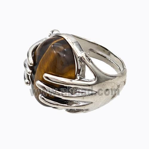 Copper Hand Rings Pave Tiger Eye Stone Platinum Plated