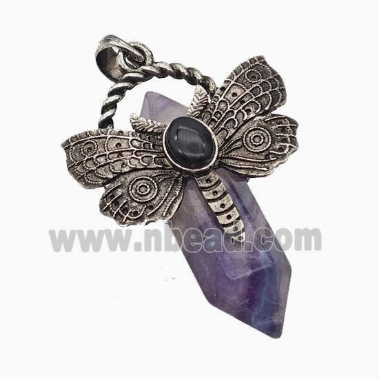 Natural Purple Fluorite Prism Pendant Alloy Butterfly Antique Silver