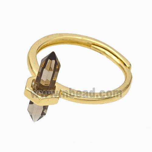 Gemstone Rings With Smoky Quartz Prism Adjustable Gold Plated