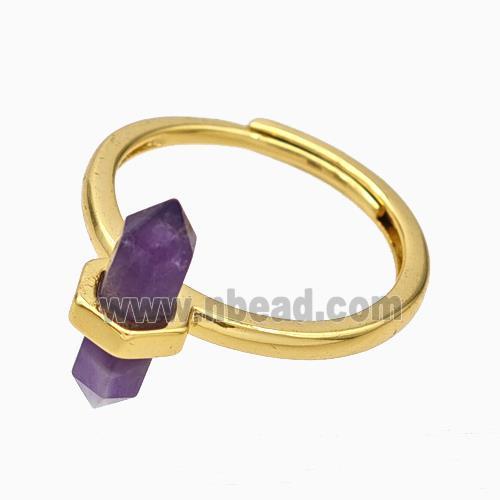 Gemstone Rings With Purple Amethyst Prism Adjustable Gold Plated