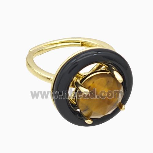 Copper Rings Pave Tiger Eye Stone Black Enamel Adjustable Gold Plated