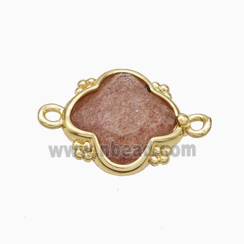 Natural Pink Strawberry Quartz Clover Connector Gold Plated