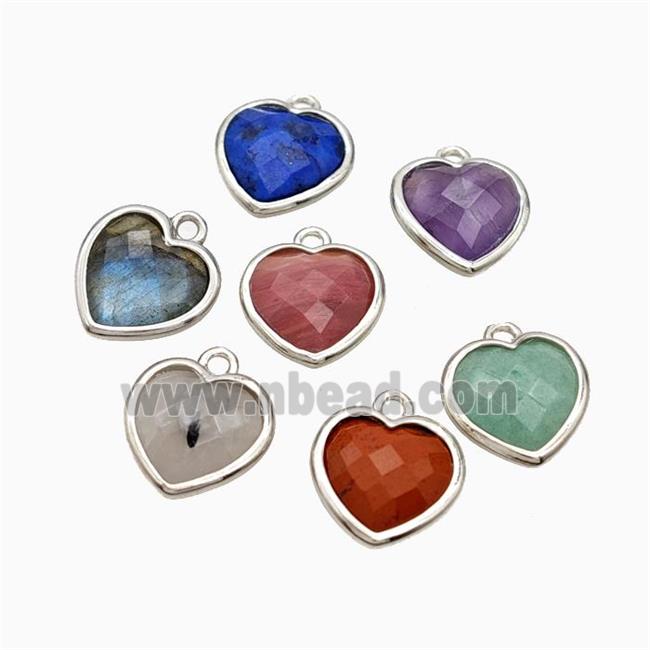 Natural Gemstone Heart Pendant Faceted Platinum Plated Mixed