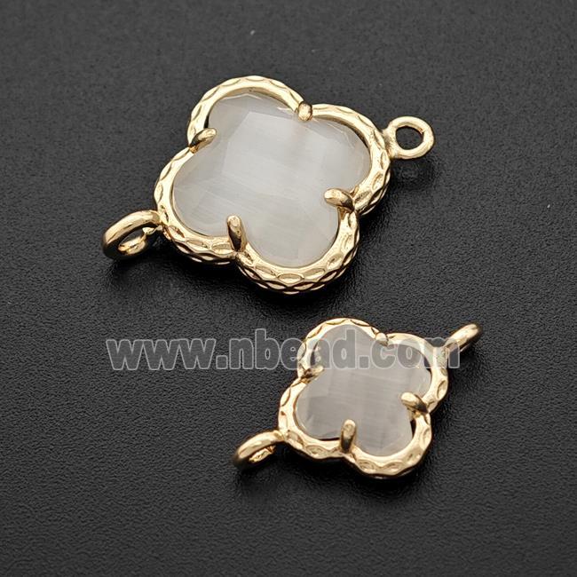 White Cats Eye Glass Clover Connector Gold Plated