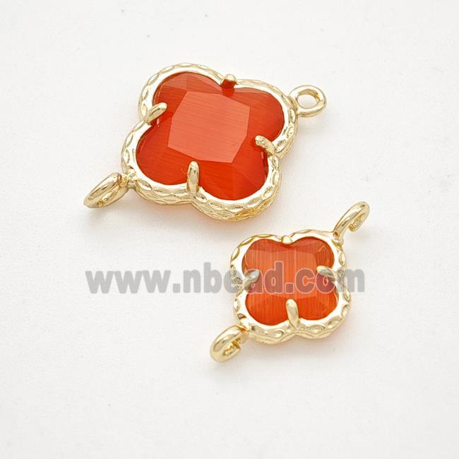 Red Cats Eye Glass Clover Connector Gold Plated