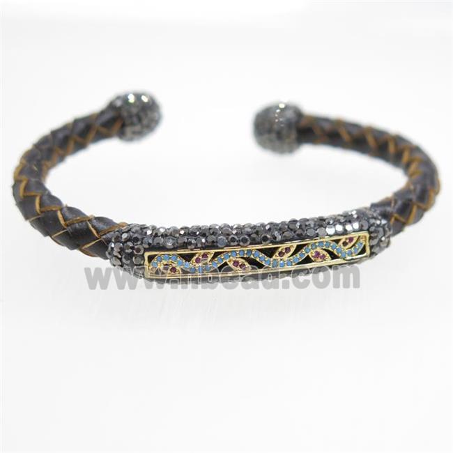 pu leather cuff bangle paved rhinestone, zircon