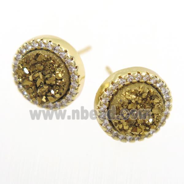 golden Druzy Quartz earring studs paved zircon, circle, gold plated