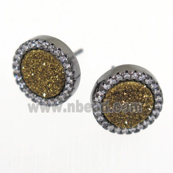 gold Druzy Quartz earring studs paved zircon, circle, black plated