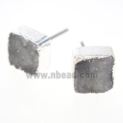 white druzy quartz earring studs, square, silver plated