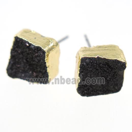 black druzy quartz earring studs, square, gold plated