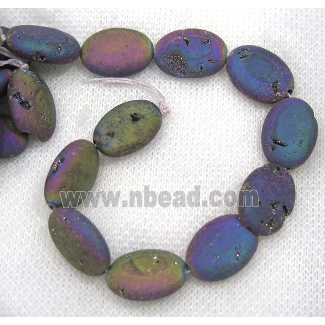 8" string of druzy agate oval beads, matte, rainbow electroplated