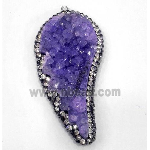 purple druzy quartz pendant paved rhinestone, wing