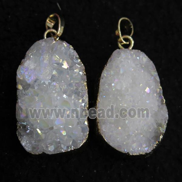 druzy quartz pendant, white AB-color, freeform, gold plated