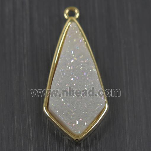 white AB-color Druzy Agate pendant, teardrop, gold plated