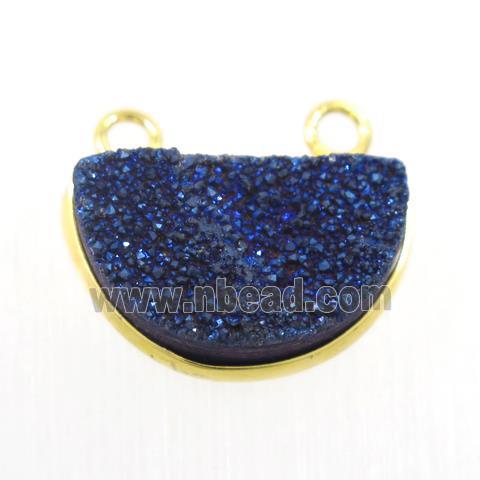 blue electroplated Druzy Quartz half-moon pendants with 2loops