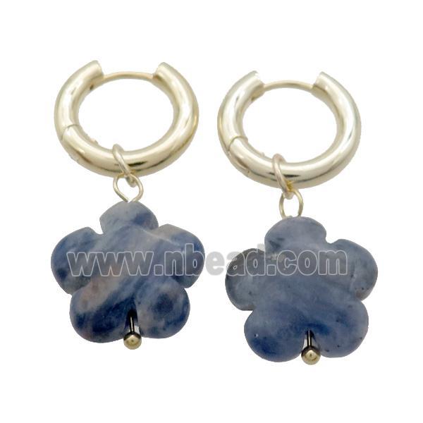 Blue Dalmatian Jasper Flower Copper Hoop Earring Gold Plated