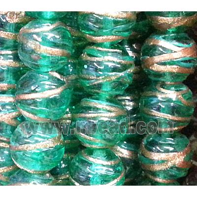 glass lampwork beads with goldsand line, round, green