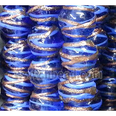 glass lampwork beads with goldsand line, round, blue