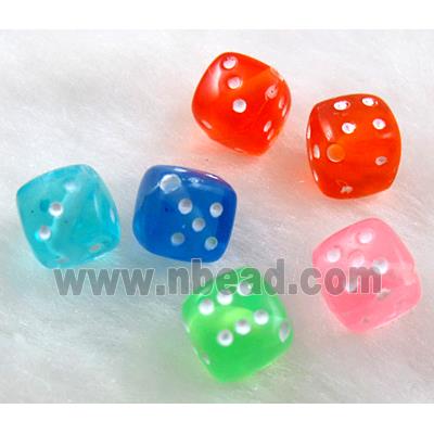 Colorful Plastic Dice Bead, cube, mixed color, corner-drilled