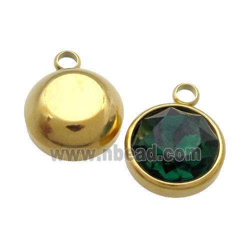Stainless Steel Button Pendant Pave DeepGreen Crystal Gold Plated