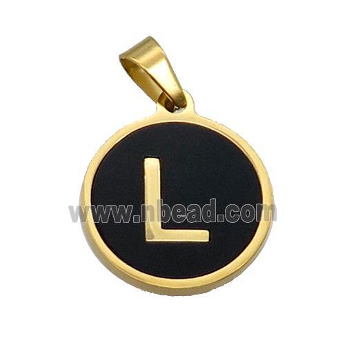 Stainless Steel Pendant Pave Black Agate Letter-L Gold Plated
