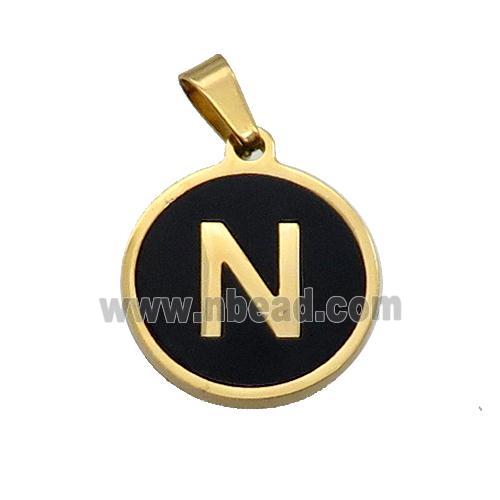 Stainless Steel Pendant Pave Black Agate Letter-N Gold Plated