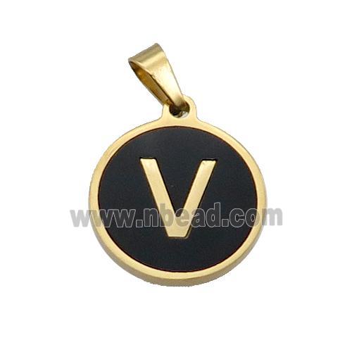 Stainless Steel Pendant Pave Black Agate Letter-V Gold Plated