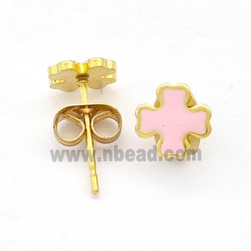 Stainless Steel Cross Stud Earring Pink Enamel Gold Plated