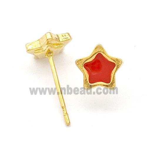 Stainless Steel Star Stud Earring Red Enamel Gold Plated