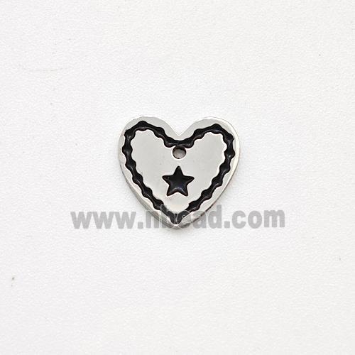 Raw Stainless Steel Heart Pendant Black Enamel Star