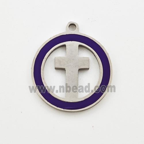 Raw Stainless Steel Cross Pendant Circle Purple Enamel