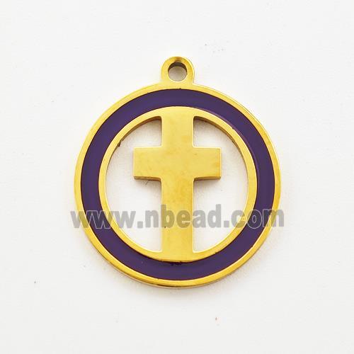 Stainless Steel Cross Pendant Circle Purple Enamel Gold Plated