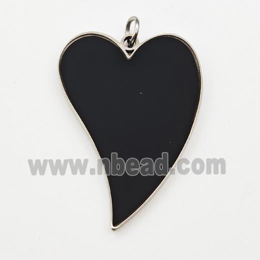 Raw Stainless Steel Heart Pendant Black Enamel