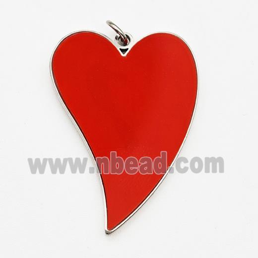 Raw Stainless Steel Heart Pendant Red Enamel
