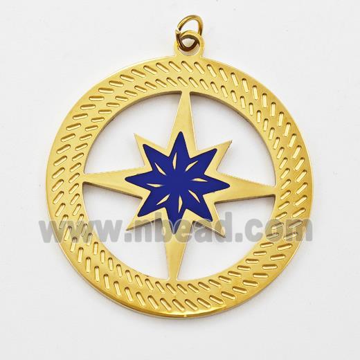 Stainless Steel Compass Pendant Blue Enamel Gold Plated