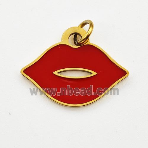 Stainless Steel Lips Pendant Red Enamel Gold Plated