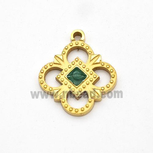 Stainless Steel Flower Pendant Pave Green Jade Gold Plated