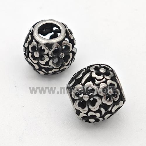 Stainless Steel Round Beads Hollow Large Hole Antique Silver Flower