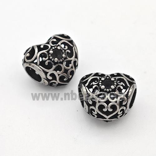 Stainless Steel Heart Beads Hollow Large Hole Antique Silver