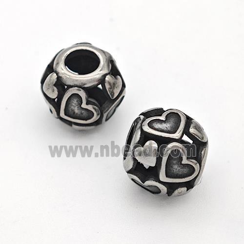 Stainless Steel Round Beads Hollow Large Hole Antique Silver Heart