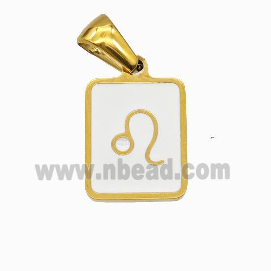 Stainless Steel Symbol Pendant Zodiac Leo White Enamel Rectangle Gold Plated