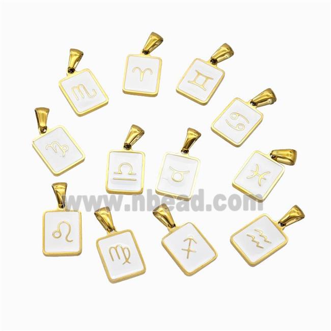 Stainless Steel Symbol Pendant Zodiac White Enamel Rectangle Gold Plated Mixed