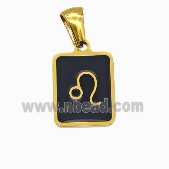 Stainless Steel Symbol Pendant Zodiac Leo Black Enamel Rectangle Gold Plated