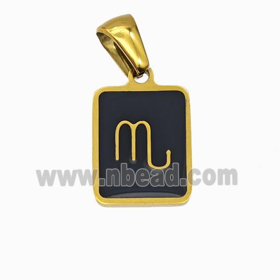 Stainless Steel Symbol Pendant Zodiac Scorpio Black Enamel Rectangle Gold Plated