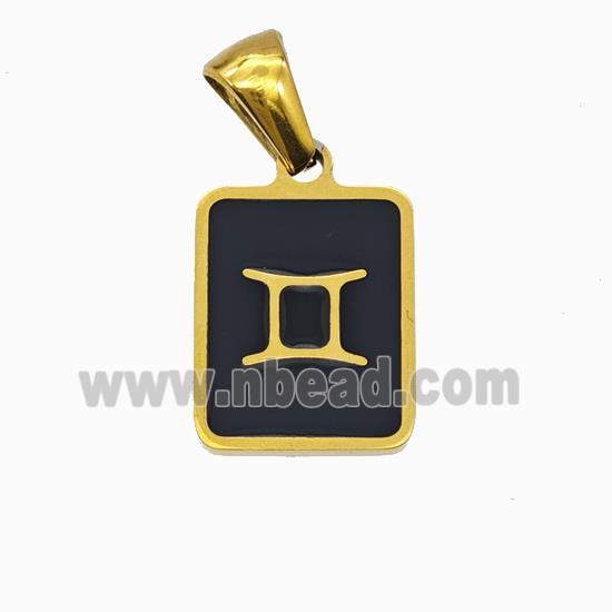 Stainless Steel Symbol Pendant Zodiac Gemini Black Enamel Rectangle Gold Plated