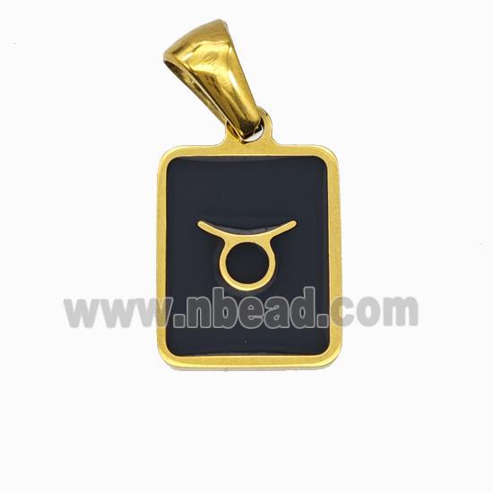 Stainless Steel Symbol Pendant Zodiac Taurus Black Enamel Rectangle Gold Plated