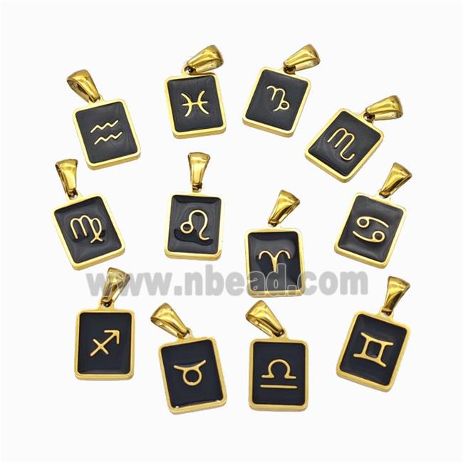 Stainless Steel Symbol Pendant Zodiac Black Enamel Rectangle Gold Plated Mixed