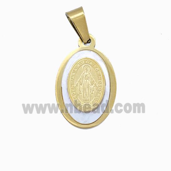 Jesus Charms Stainless Steel Oval Pendant Pave Shell Gold Plated