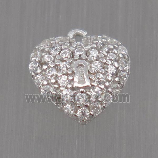 Sterling Silver heart pendant paved zircon, platinum plated